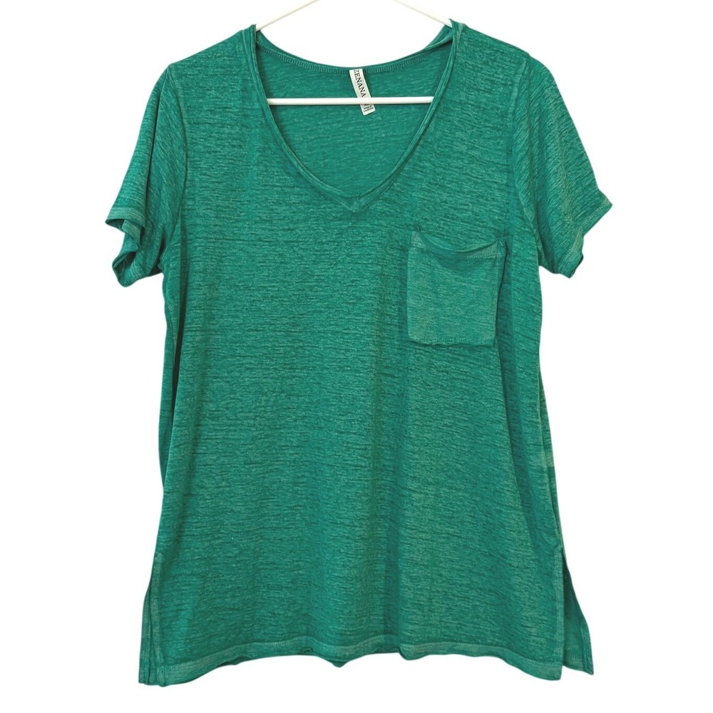 Zenana Outfitters Green Slub V-Neck Pocket Tee Shirt XL